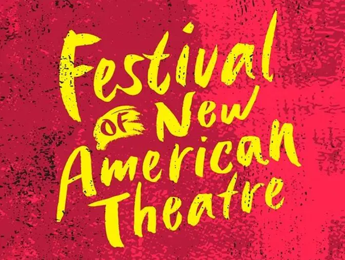 A red and yellow logo for the festival of new american theatre.